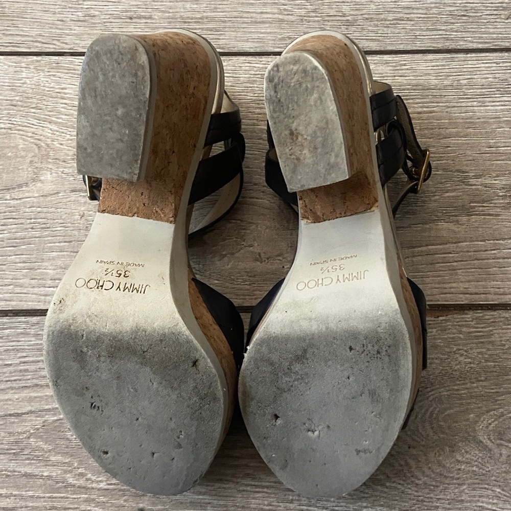 Jimmy Choo Black Leather Cork Platform Sandals with Gold Hardware - Picture 5 of 6